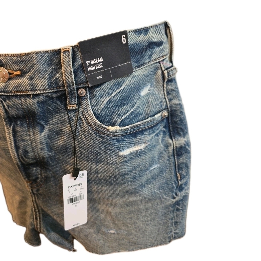 214 Express Blue Distressed 'Rigid' 2" Inseam High Rise Jean Shorts - Picture 2 of 5